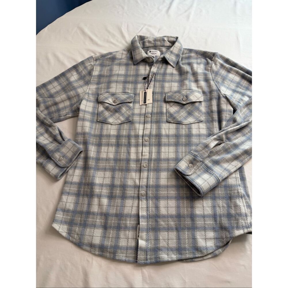 NWT Sperry Premium Collection Light Grey Fleece Flannel Shirt Size Large New